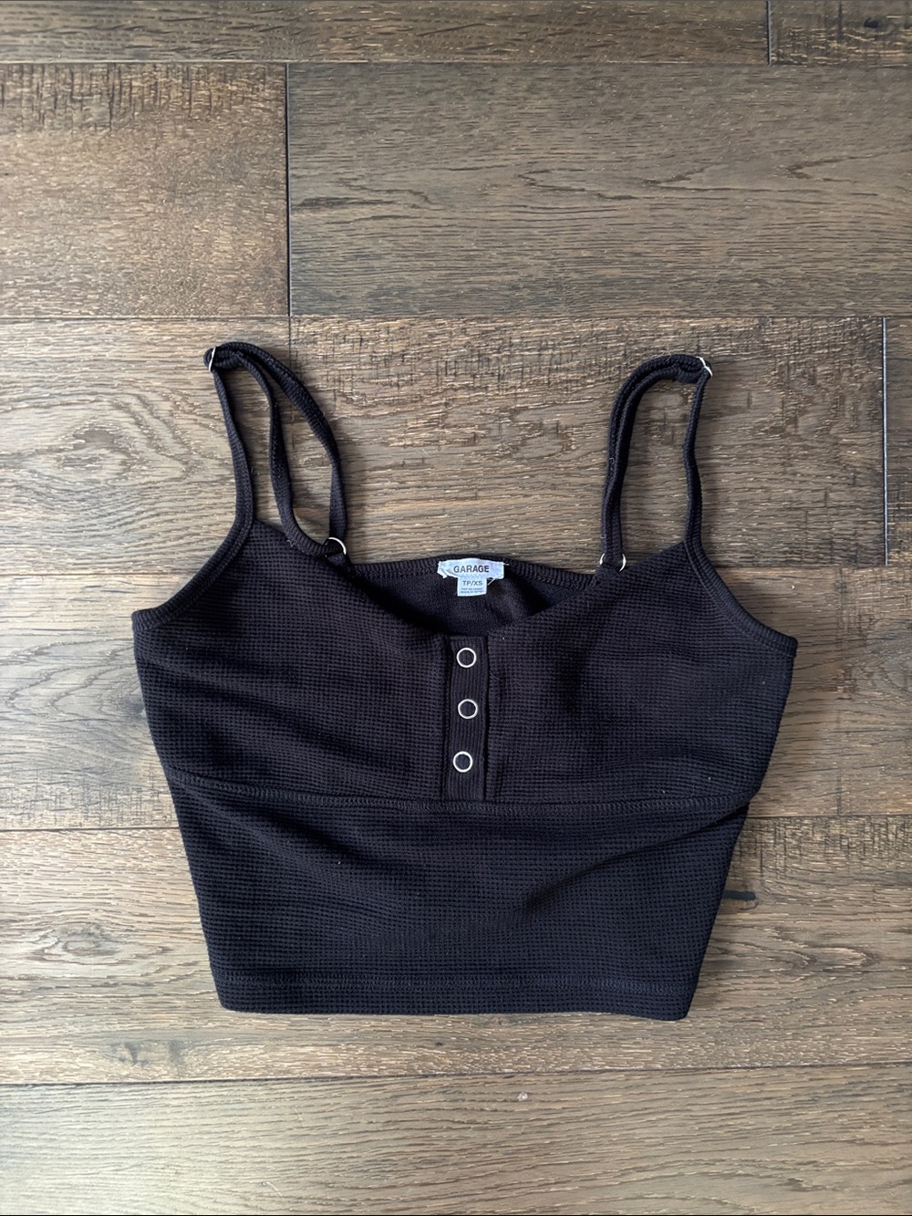 Garage Black Ribbed Button-Front Cropped Tank Top adjustable straps